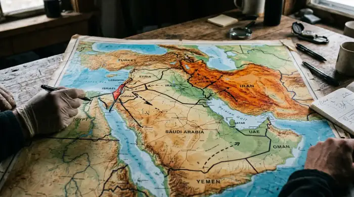 Carte du Moyen-Orient marquée par les lignes de fracture entre Israël, l'Iran et leurs voisins.