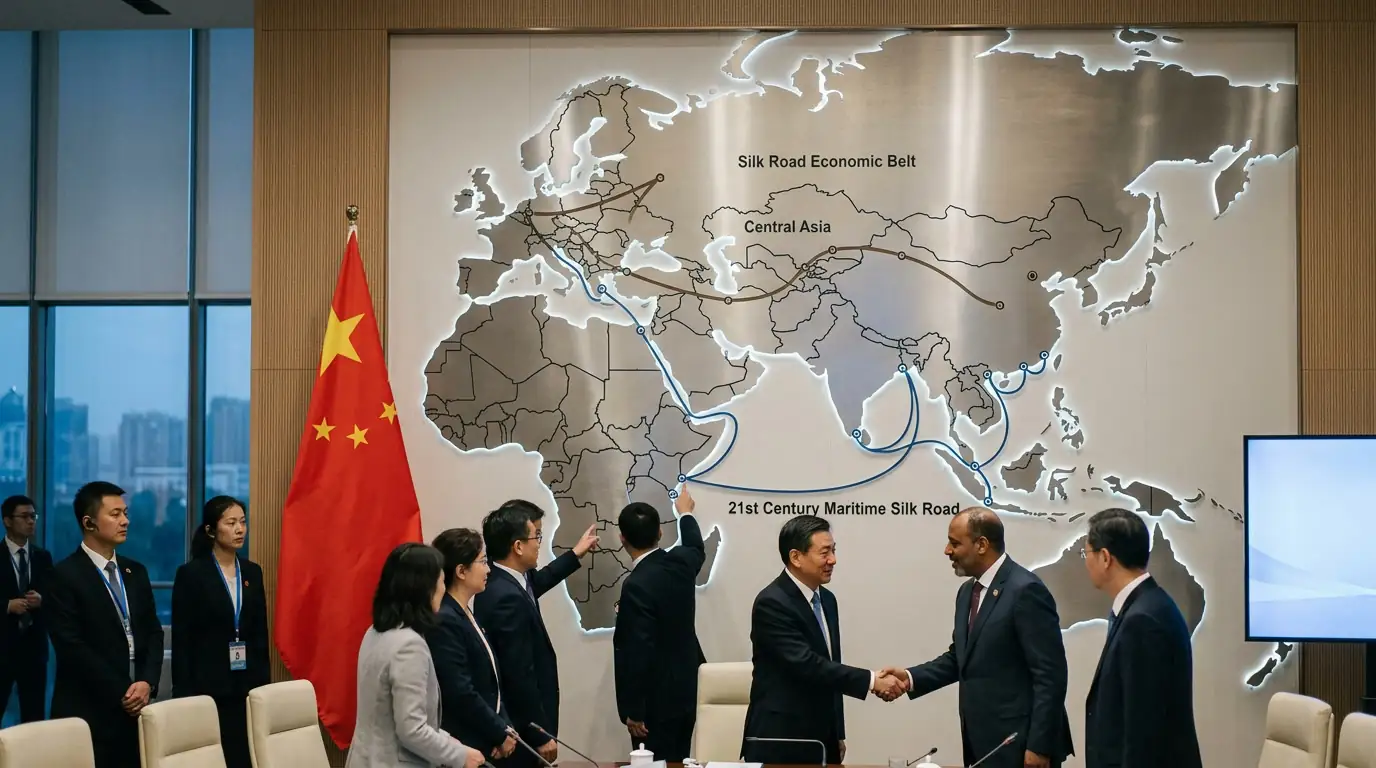 Drapeau chinois et carte des nouvelles routes de la soie illustrant l'offensive diplomatique de Pékin.