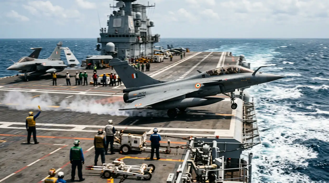 Chasseur Rafale Marine indien au catapultage sur le pont d'un porte-avions de la marine indienne.