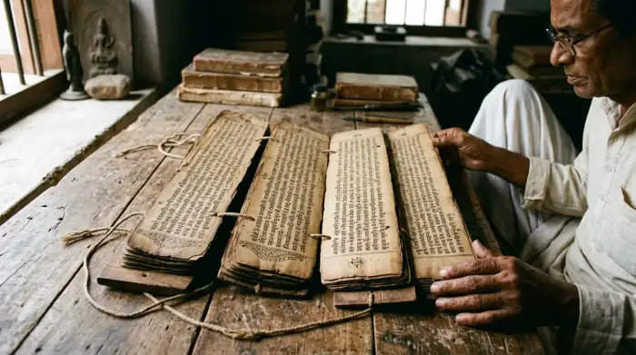 Manuscrit ancien sur feuilles de palme évoquant les traités de gouvernement de l'Inde classique.