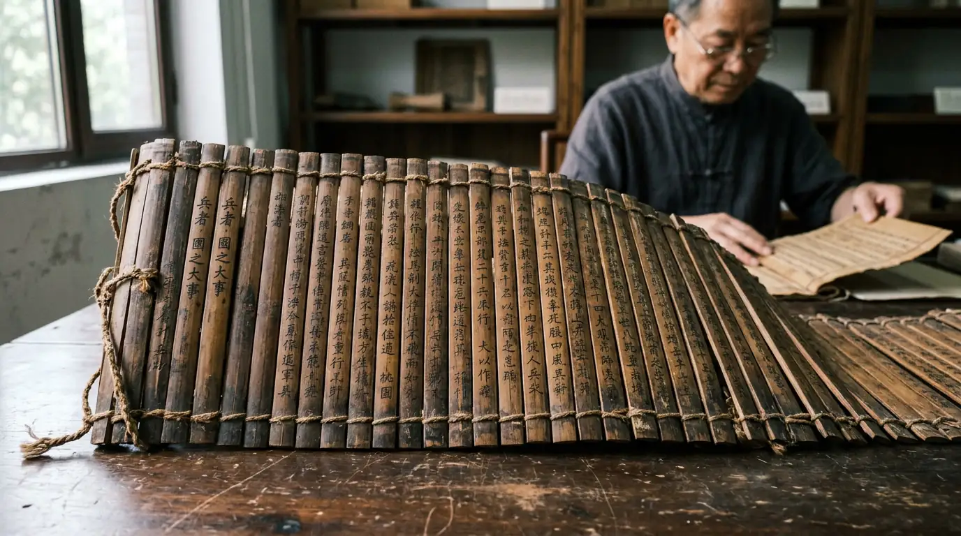 Lattes de bambou anciennes évoquant le manuscrit chinois de L'Art de la guerre de Sun Tzu.