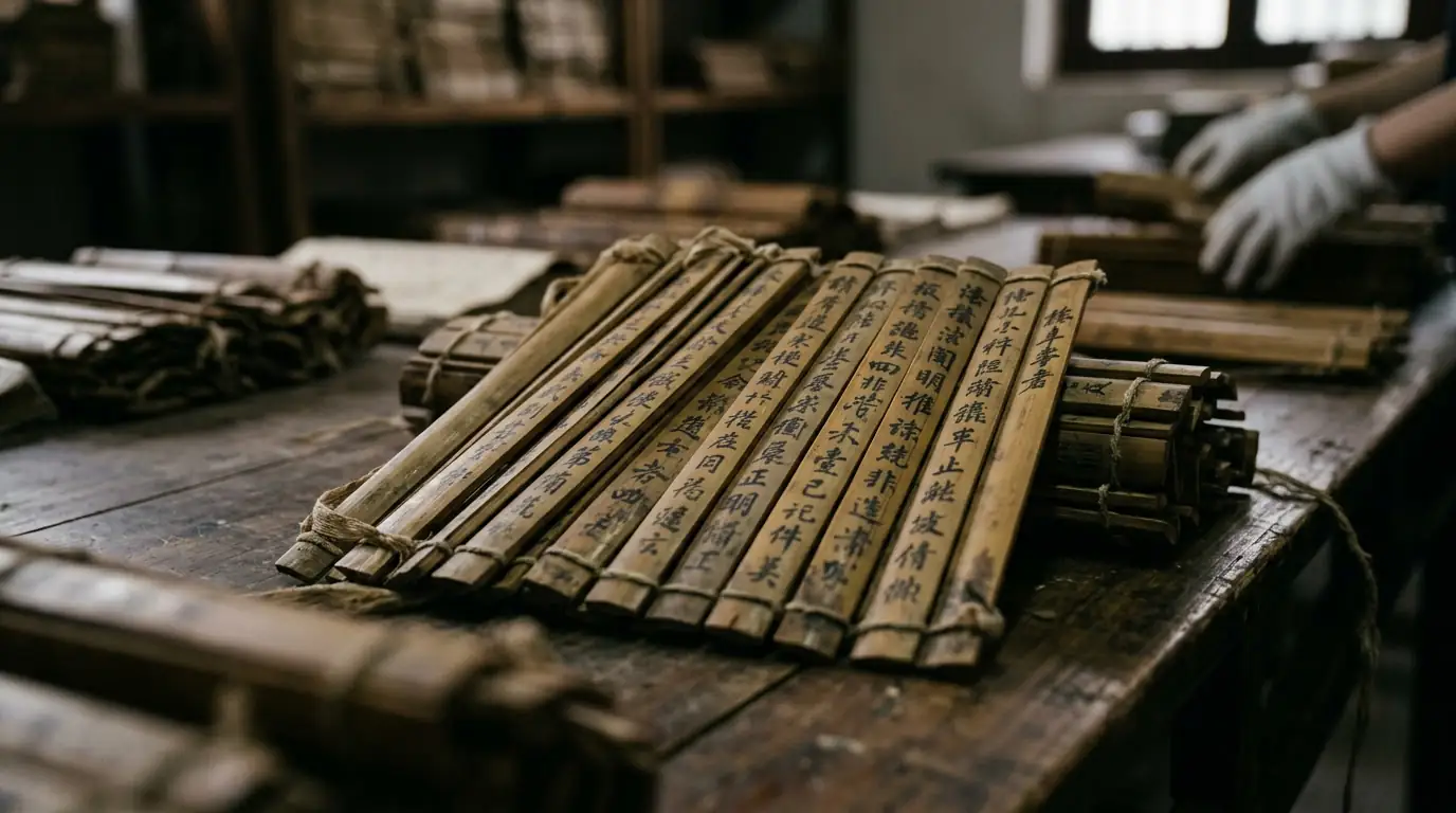 Lamelles de bambou portant des caractères chinois anciens, évoquant les traités militaires de la Chine classique.
