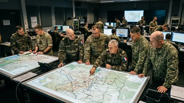 Salle d'opérations interarmées où des officiers coordonnent une campagne militaire sur de grandes cartes de théâtre.