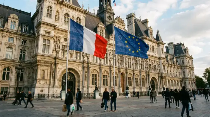 Drapeaux français et européen flottant côte à côte devant un bâtiment institutionnel.