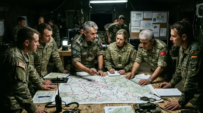 Officiers d'état-major analysant une carte d'opérations militaires lors d'une séance de planification