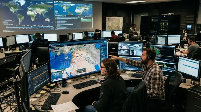 Salle d'analyse du renseignement avec écrans de cartographie et flux de données croisées.