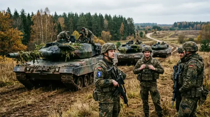 Soldats de la 45e brigade blindée allemande devant des chars Leopard 2 déployés en Lituanie.