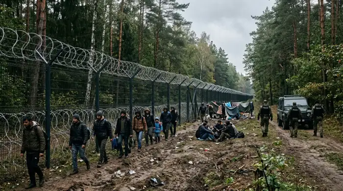 Clôture frontalière dans la forêt, à la frontière orientale de l'Union européenne, théâtre de la pression migratoire.
