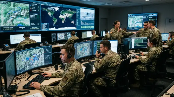 Centre de commandement militaire moderne avec écrans de situation et opérateurs coordonnant les forces.