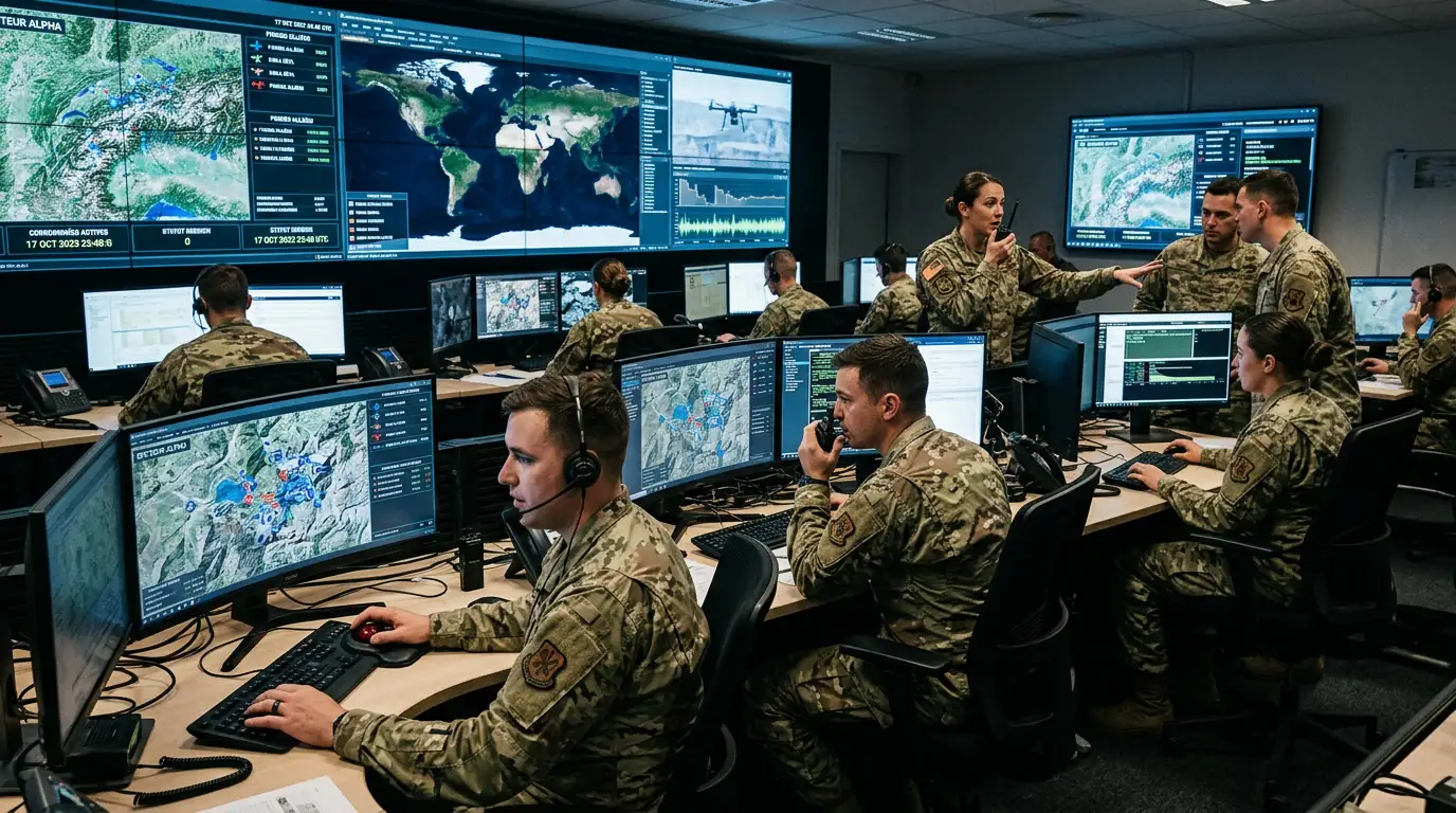 Centre de commandement militaire moderne avec écrans de situation et opérateurs coordonnant les forces.