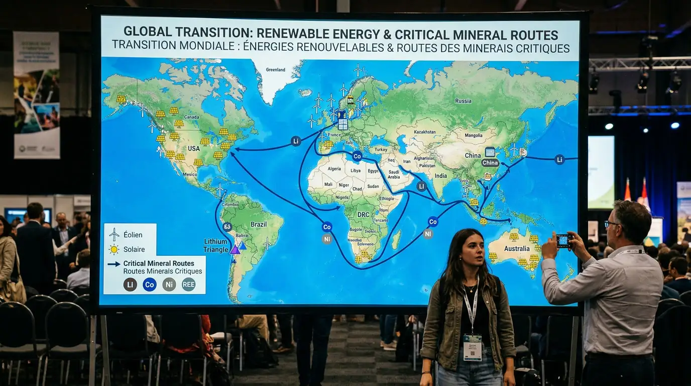 Carte du monde avec éoliennes, panneaux solaires et routes commerciales de minerais critiques.