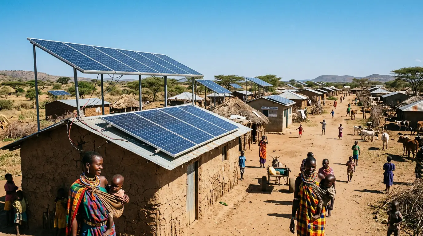 Panneaux solaires installés dans un village rural d'un pays en développement, sous un ciel dégagé.
