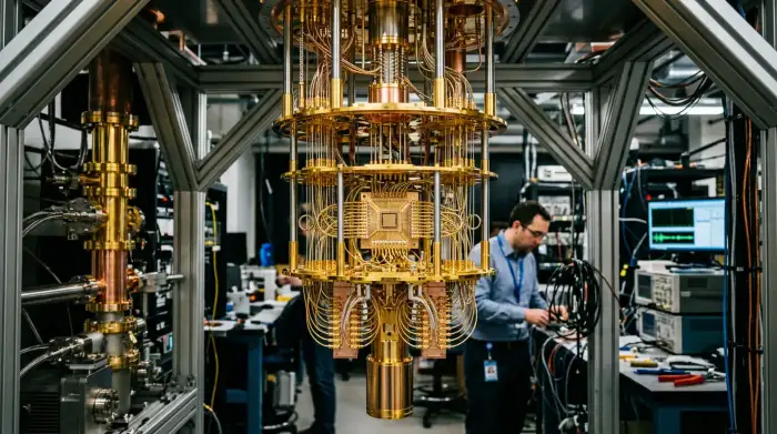 Processeur quantique supraconducteur suspendu dans un cryostat doré, symbole de la course technologique mondiale.
