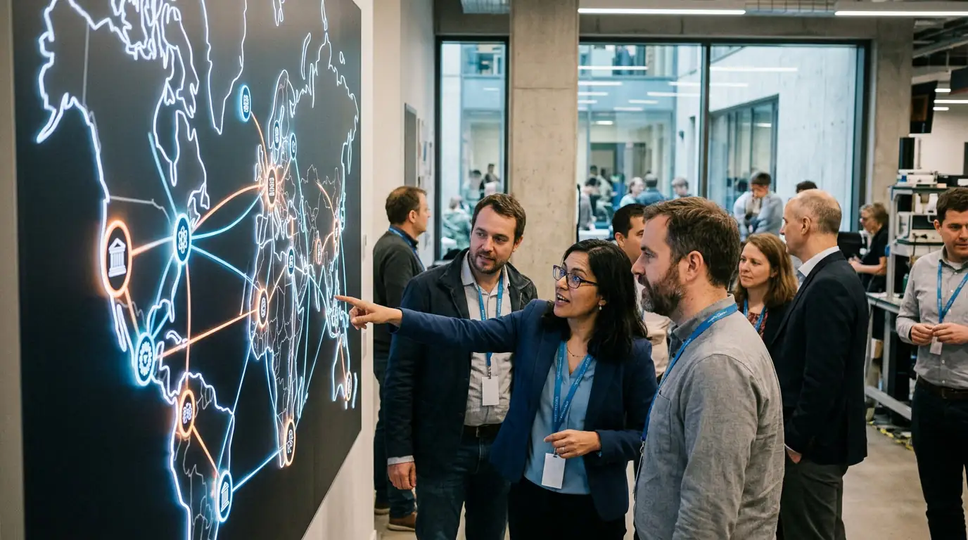 Carte stylisée reliant des pôles de recherche quantique entre universités, entreprises et financeurs publics.