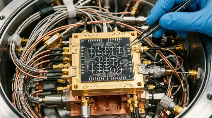 Réseau de qubits supraconducteurs reliés par des couplages, illustrant une architecture tolérante aux fautes.