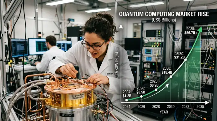 Graphique de croissance superposé à un processeur quantique, illustrant l'essor du marché de l'informatique quantique.