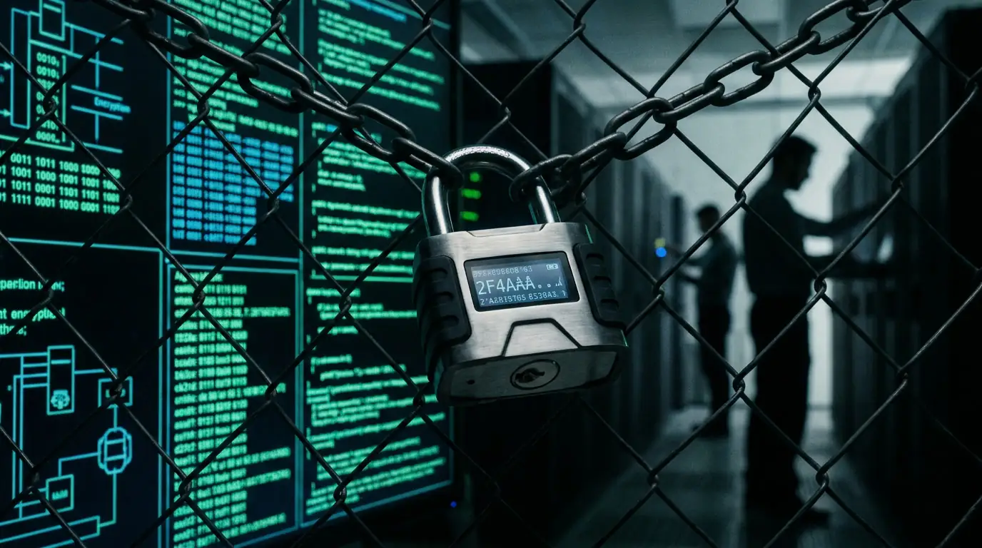 Cadenas numérique sur fond de code chiffré, illustrant les enjeux de la cryptographie face à l'informatique quantique.