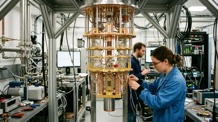 Processeur quantique supraconducteur monté dans son cryostat, symbole des investissements massifs du secteur.
