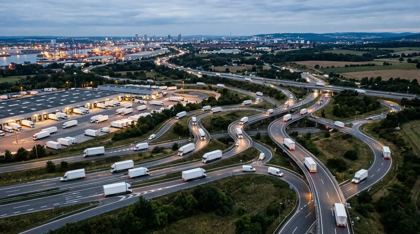 Camions de livraison et réseau de routes optimisées, illustrant l'optimisation quantique des itinéraires.