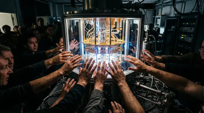 Mains tendues vers un processeur quantique lumineux, symbole d'un accès inégal à la technologie.