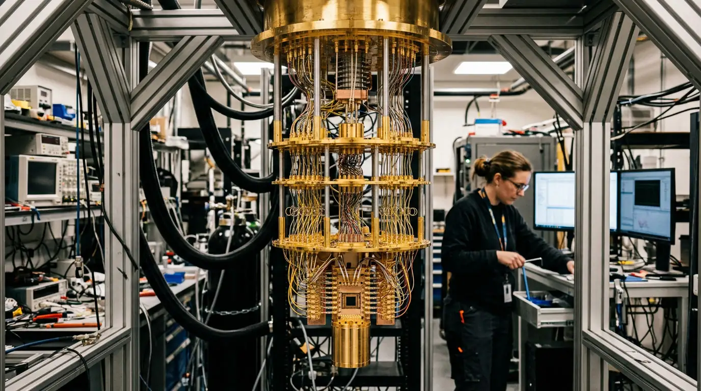 Processeur quantique supraconducteur refroidi par un cryostat doré, au cœur d'un laboratoire de recherche.