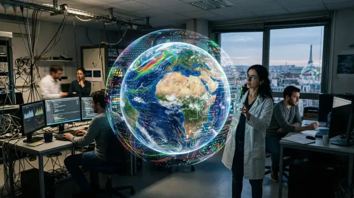 Globe terrestre entouré de données climatiques et de circuits quantiques, illustrant la modélisation du climat.