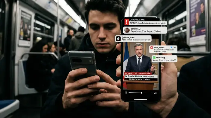 Écran de smartphone affichant une vidéo deepfake d'un responsable politique, entouré de notifications de réseaux sociaux.