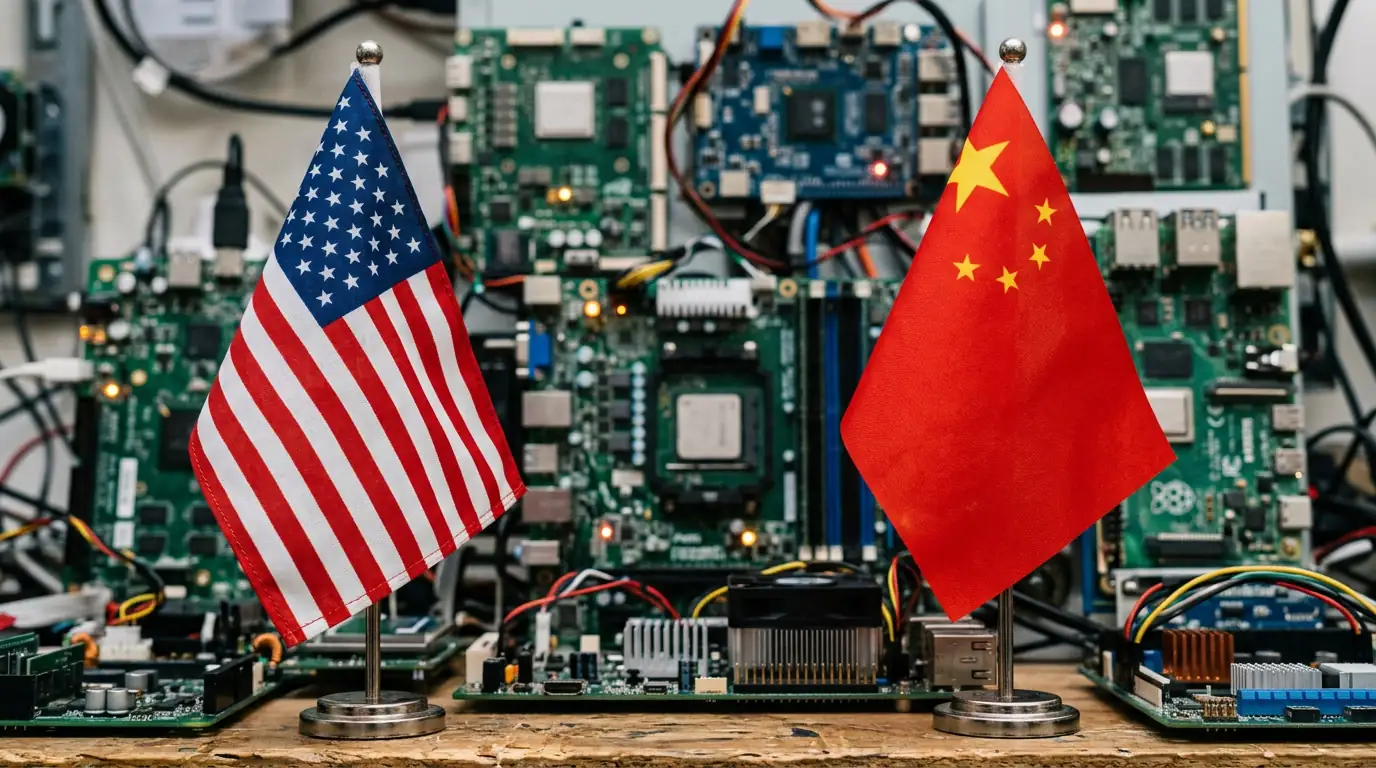Drapeaux américain et chinois face à face devant des circuits électroniques évoquant l'intelligence artificielle.