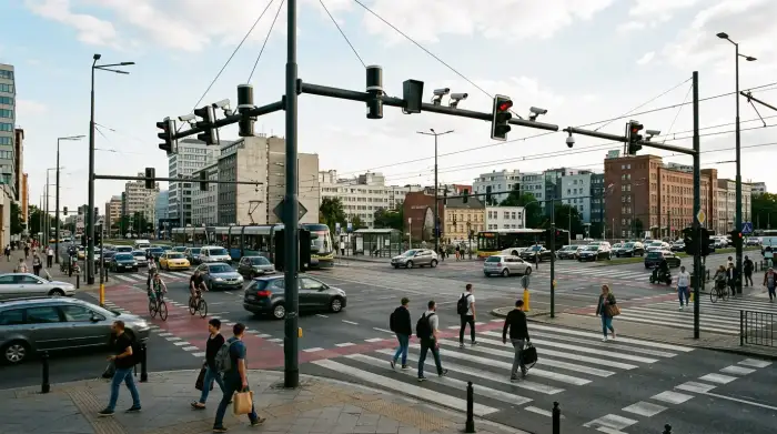 Carrefour urbain équipé de capteurs intelligents pilotant le trafic en temps réel.