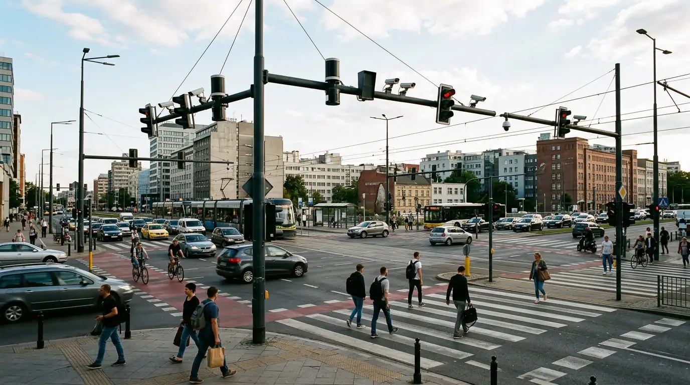 Carrefour urbain équipé de capteurs intelligents pilotant le trafic en temps réel.