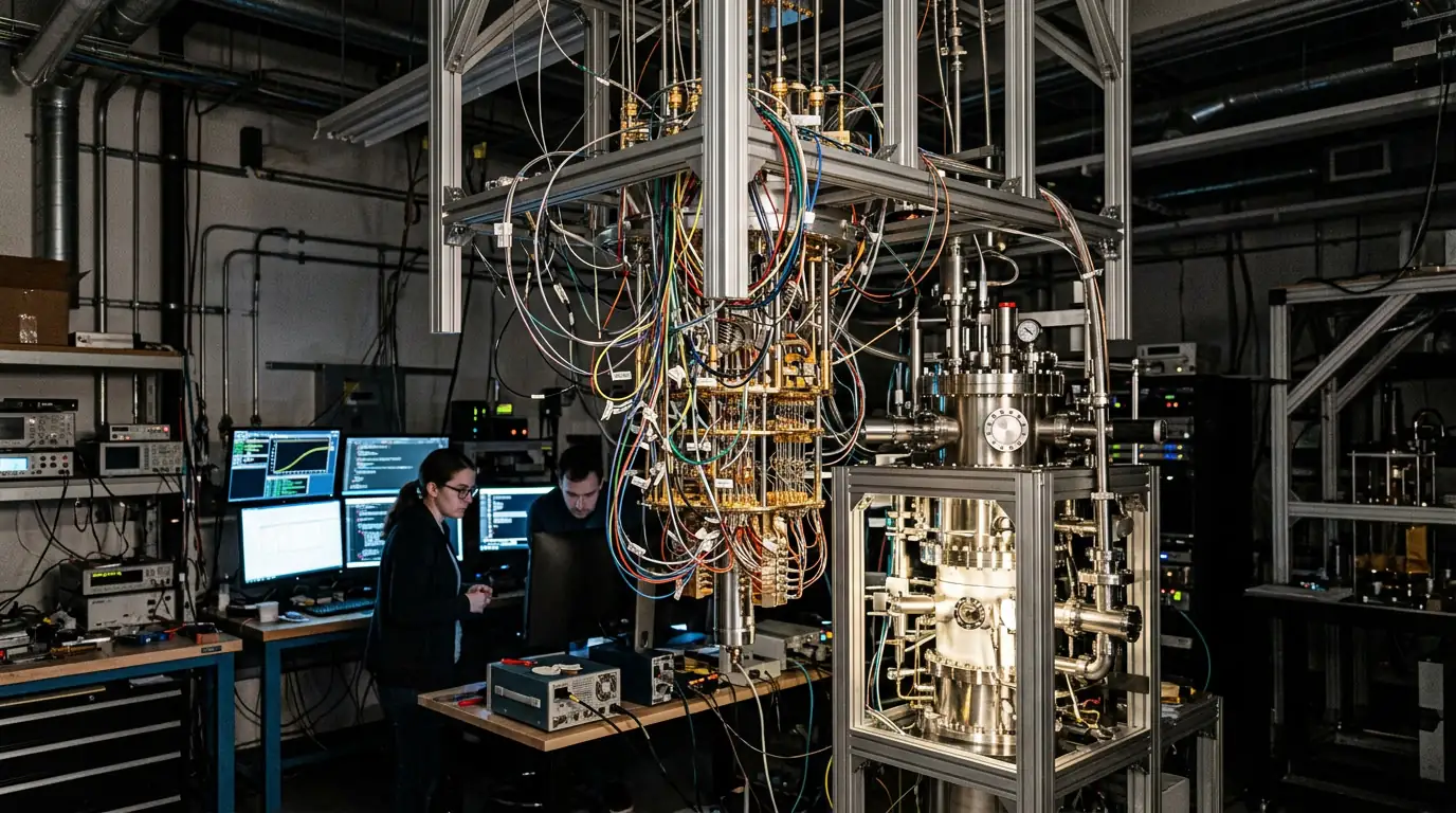Processeur quantique cryogénique suspendu dans un laboratoire de recherche en informatique quantique
