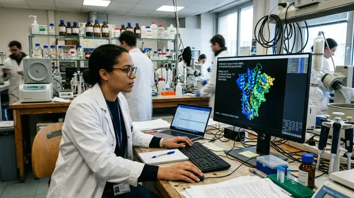 Modélisation d'une structure de protéine par intelligence artificielle sur écran de laboratoire.