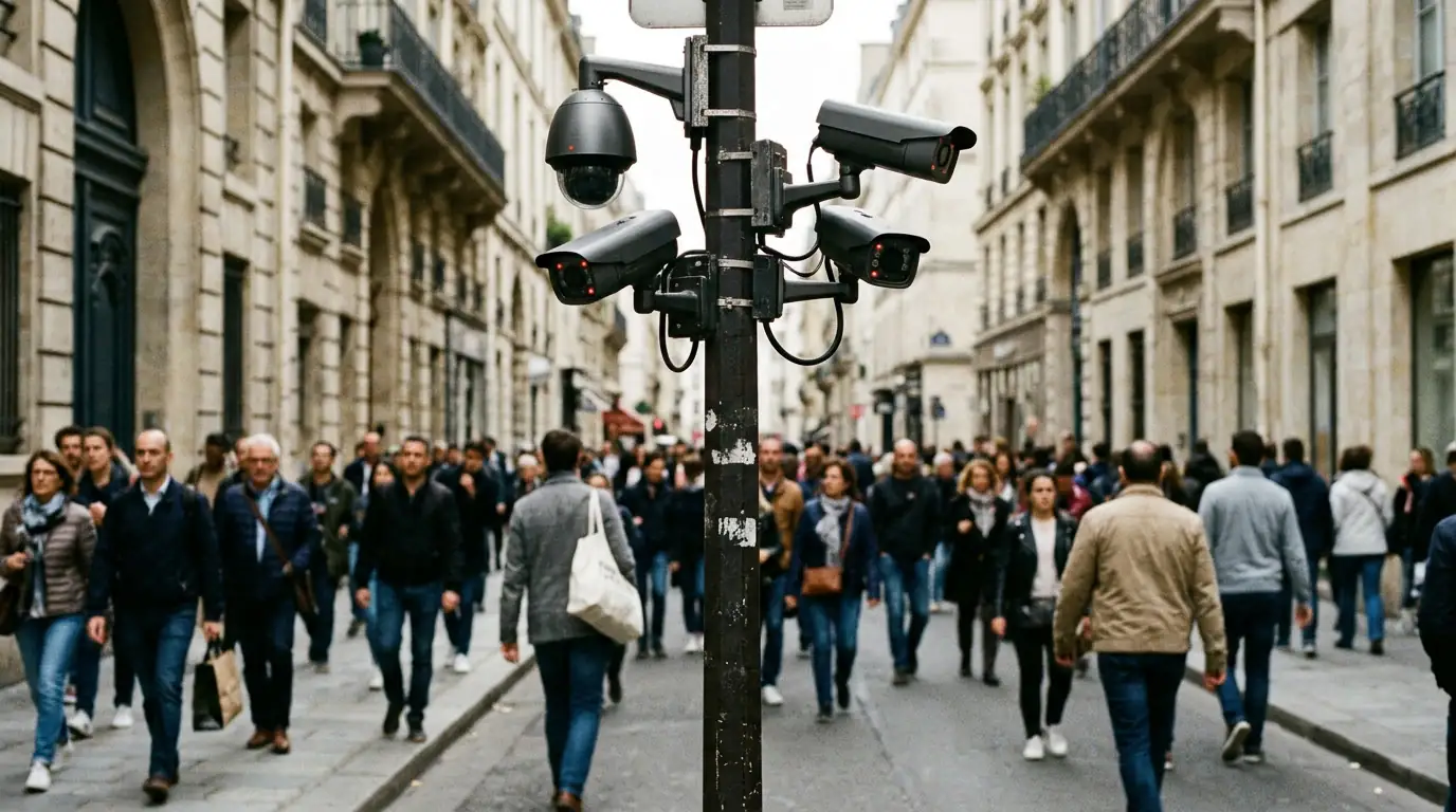 Caméras de surveillance équipées de reconnaissance faciale scrutant une foule dans une rue urbaine.