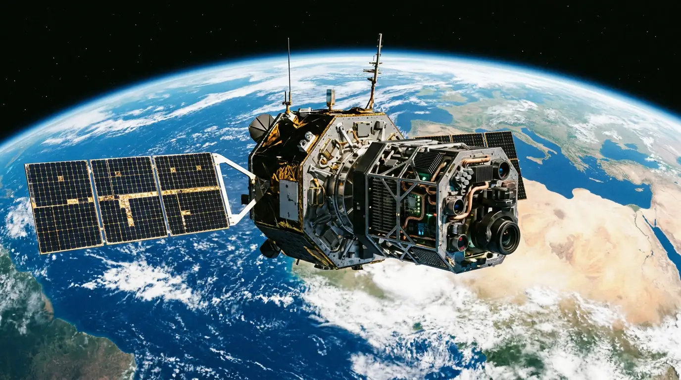 Satellite en orbite terrestre équipé de systèmes d'intelligence artificielle au-dessus de la Terre