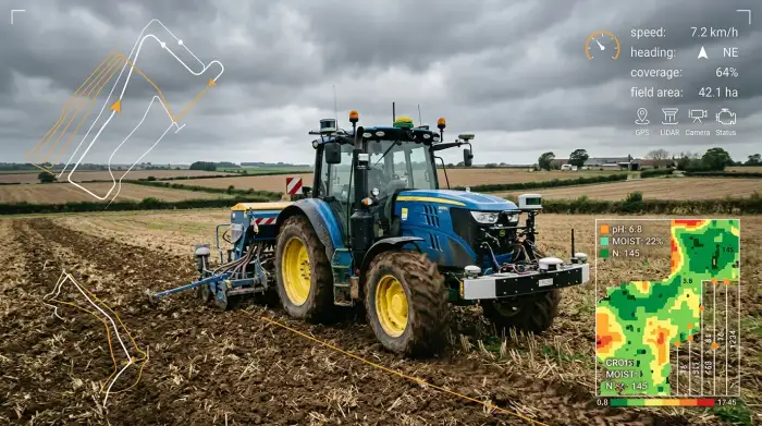 Tracteur autonome équipé de capteurs traversant un champ sous un ciel couvert, données agricoles superposées.
