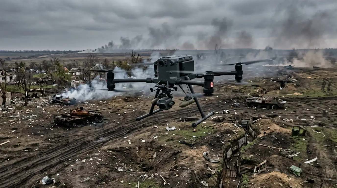 Drone militaire autonome survolant un champ de bataille, illustrant l'intelligence artificielle appliquée aux armes.