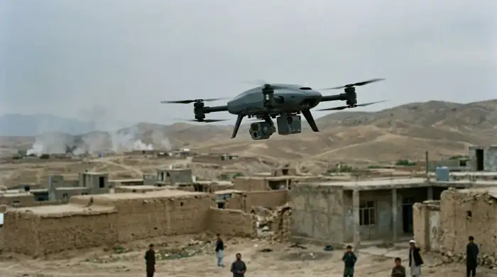 Drone militaire autonome en vol, illustrant les risques éthiques des systèmes d'armes létales sans contrôle humain.