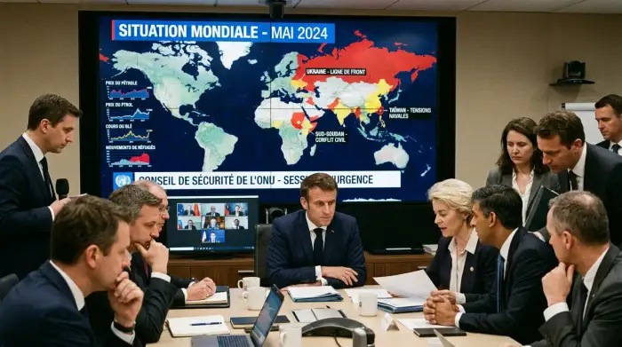 Salle de crise diplomatique avec écrans de données géopolitiques et carte du monde.