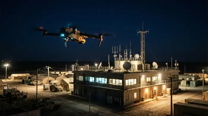 Drone militaire autonome survolant un centre de commandement éclairé la nuit.