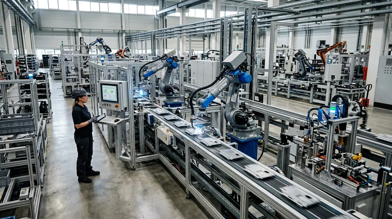 Ligne de production automatisée pilotée par intelligence artificielle dans une usine moderne