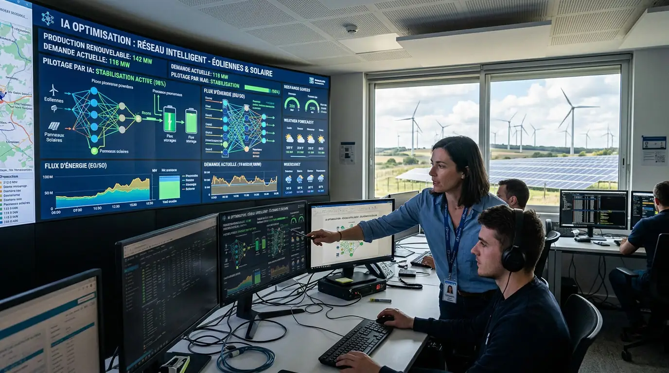 Réseau électrique intelligent connecté à des éoliennes et des panneaux solaires, piloté par l'intelligence artificielle.