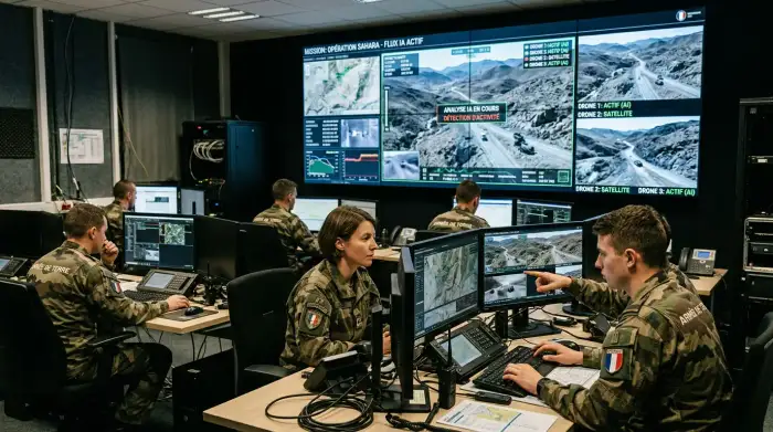 Salle de commandement militaire avec écrans d'analyse de données et flux de drones pilotés par IA.
