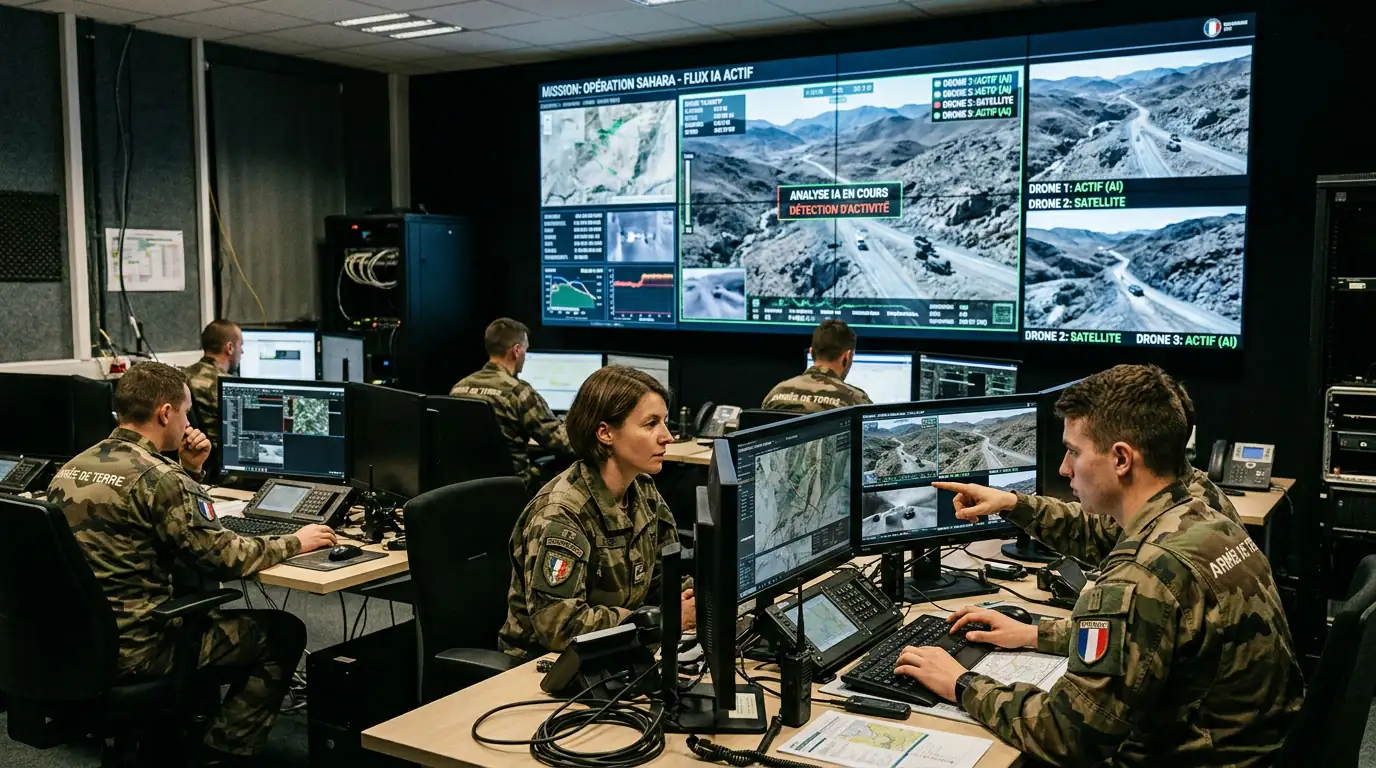 Salle de commandement militaire avec écrans d'analyse de données et flux de drones pilotés par IA.