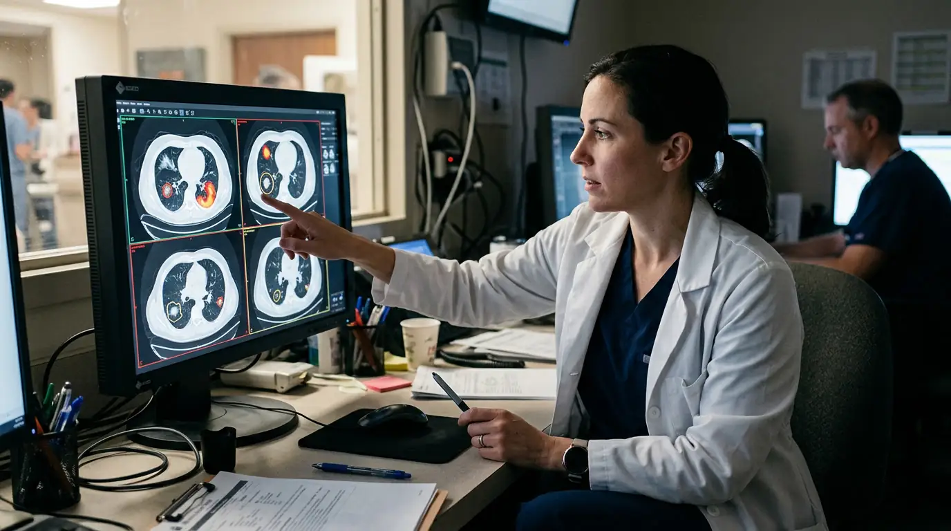 Médecin analysant une imagerie médicale annotée par un système d'intelligence artificielle.