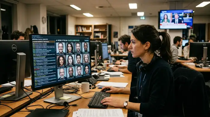 Écran d'ordinateur affichant un flux de messages et de visages générés par intelligence artificielle dans une salle de rédaction.