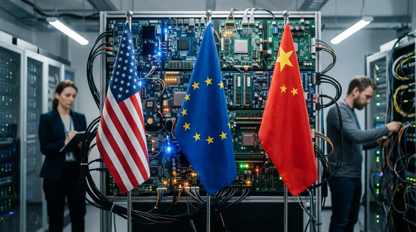 Drapeaux de l'Union européenne, des États-Unis et de la Chine devant des circuits électroniques symbolisant la régulation de l'IA