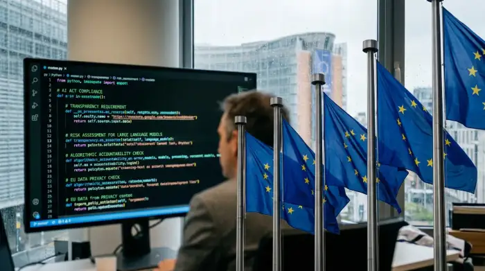 Drapeaux européens devant un écran de code, illustrant la régulation de l'intelligence artificielle.