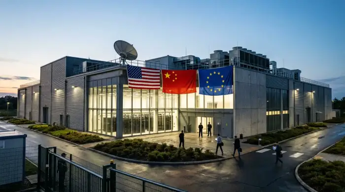 Centre de données illuminé sous des drapeaux américain, chinois et européen, illustrant la course à la souveraineté en intelligence artificielle.