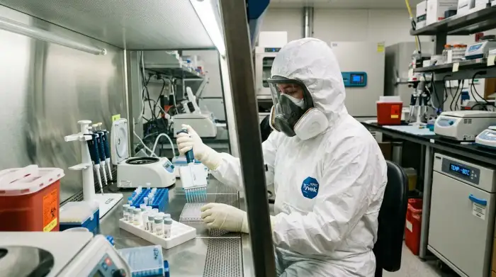 Chercheur en combinaison de protection manipulant des échantillons biologiques dans un laboratoire sécurisé.