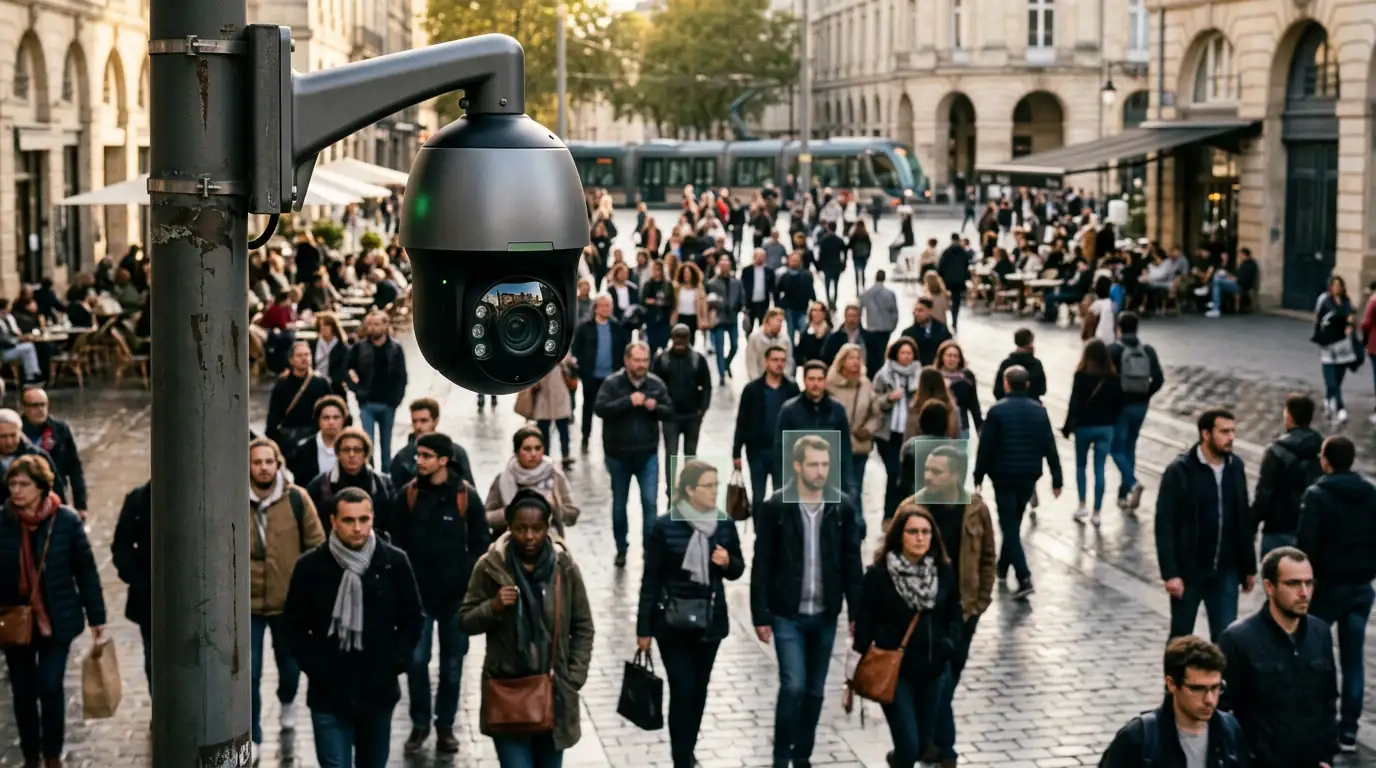 Caméra de vidéosurveillance équipée de reconnaissance faciale balayant une foule dans un espace public.